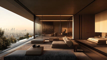 Modern minimalist living room with panoramic city view