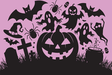 Spooky halloween silhouette collection featuring pumpkins ghosts bats and spiders for festive decorations silhouette