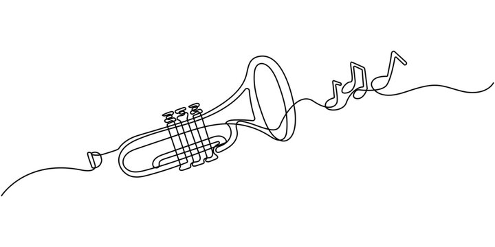 One line drawing of trumpet design. Classical jazz music instrument. Vector illustration simple continuous outline style, One single line drawing of luxury bass trombone, Musical instrument concept.