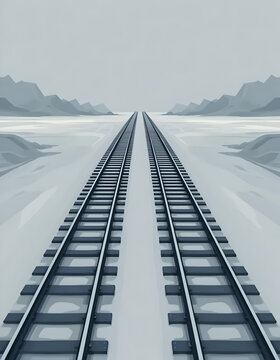 Parallel Tracks Disappearing into a Snowy Horizon