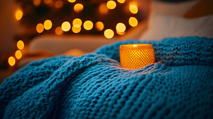 Cozy teal knit blanket with burning candle and bokeh lights