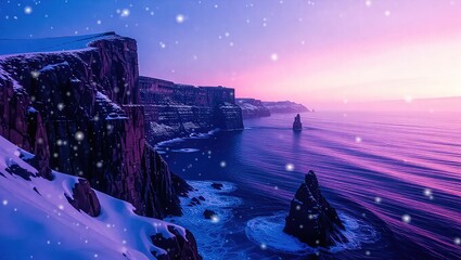 Winter Wonderland - Snow-Kissed Cliffs and Icy Ocean at Sunset.