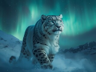 Majestic snow leopard prowling under the breathtaking aurora borealis, a stunning display of wildlife and natural wonder in a snowy mountain landscape