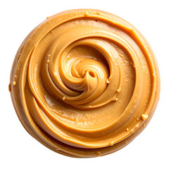 Overhead view of a swirl of smooth, creamy, light-brown spread against a dark background