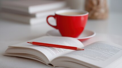 Naklejka premium Red Cup and Pencil on Open Book