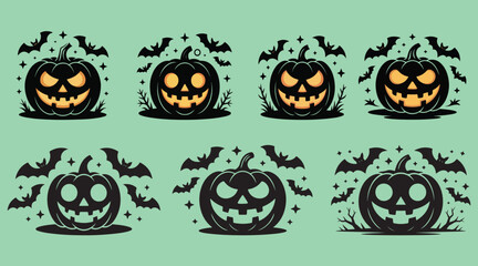 Spooky halloween jack o lantern collection with bats for festive decorations and celebrations silhouette