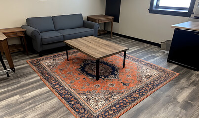 Modern apartment living room interior design with sofa coffee table and area rug