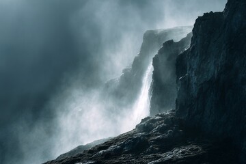 Silhouette of waterfall cascading cliffs mist rising with dramatic light natural wilderness atmosphere