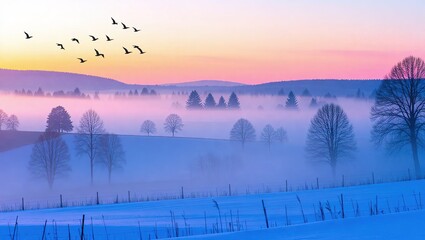 Winters Embrace - A Serene Landscape with Birds in Flight.