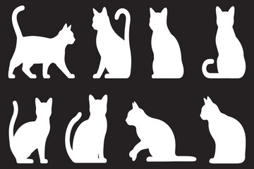 Collection of eight white cat silhouettes posed in various positions for design projects silhouette