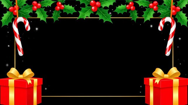 Christmas frame with holly, candy canes and gift boxes on a black background with bokeh effect and falling snow