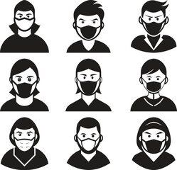 Diverse group of people wearing face masks in simple silhouette style