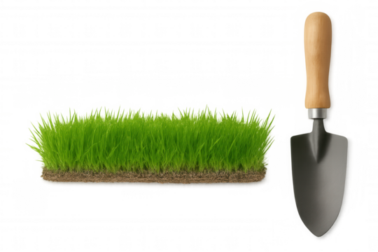 Gardening hand trowel next to a patch of fresh green grass with soil, visualizing spring planting and growth on transparent background