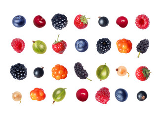 Set of various fresh berries isolated on transparent background