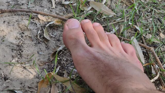 Close-up of a person's bare foot resting on sandy ground with sparse grass and dry leaves. The toes wiggle slightly in the soil emphasizing connection to nature.