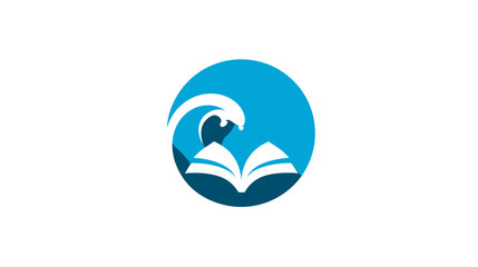 Fototapeta premium Abstract graphic logo: Open book with blue ocean wave, symbolizing education, knowledge, learning, wisdom, discovery, and literature.