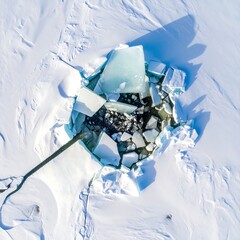 Overhead view shows ice floes broken on a white snow surface