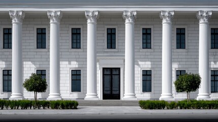 Classical building with white columns and green trees