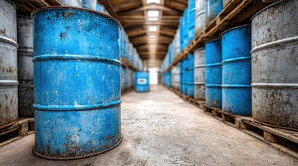 Blue Industrial Metal Barrels in Warehouse