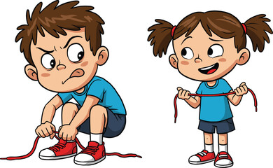 Children tying shoelaces, cartoon footwear scene, playful vs frustrated behavior, emotional contrast illustration, morning routine moment, expressive child activity