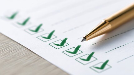 Close Up of Completed Checklist with Green Check Marks and Golden Pen