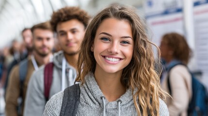 Fototapeta premium Cheerful young student smiling in a line with friends at university campus