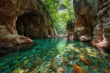Crystal clear turquoise water flowing through a lush green canyon with rocky walls