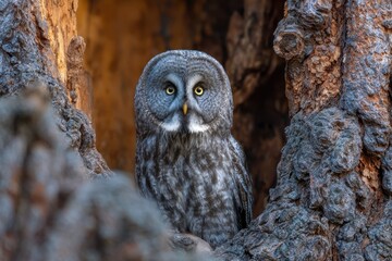 Fototapeta premium Great grey owl with striking yellow eyes peering from a tree hollow