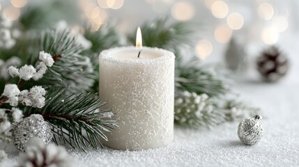 A serene winter scene featuring a glowing white candle surrounded by evergreen branches, pinecones, and sparkling decorations evoking warmth and tranquility during the festive season.