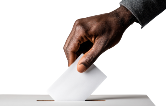 A dark-skinned person's hand casts a vote.  Close-up of a hand inserting a white ballot into a voting slot