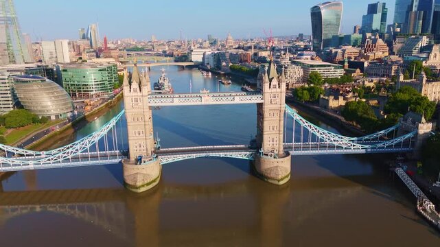 London Cityscape Aerial Pullback Reveal Flythrough of Skyline and Tower Bridge
