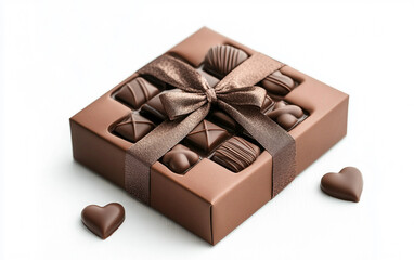 Elegant 3D render of a chocolate box with ribbon and heart gift symbolizing love sweetness and romantic celebration isolated on white background PNG