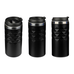 Model as thermos cup set, clean material. Black clean thermos cup with black lid, blank for text. Copy space. Isolated transparent background, png background. Different shooting angle, triple set phot