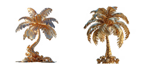 Two decorative palm trees made of shimmering, textured material, isolated on transparent background
