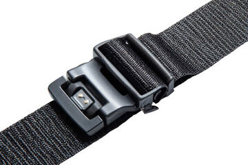 Close-up of a black nylon belt with a metal buckle