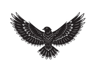 Black silhouette of a bird with outstretched wings in flight on a white background black and white flying