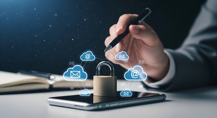Hand holding stylus interacting with digital padlock and cloud icons on smartphone screen representing data security