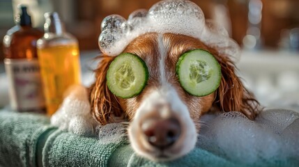 A fluffy dog relaxes in a bath filled with bubbles wearing cucumber slices over its eyes. The scene is bright and cheerful showcasing a homemade spa day atmosphere.