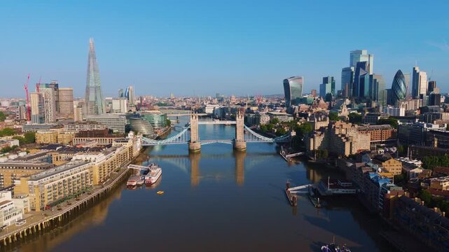 London Cityscape Aerial Pullback Reveal Flythrough of Skyline and Tower Bridge