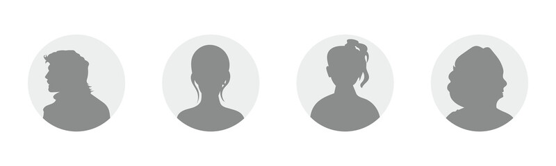 Avatar flat icon set. Default anonymous user portrait vector illustrations. Signs for man, woman faceless profile picture. Gray round website placeholder. avatar profile icon. user icon. EPS 10.