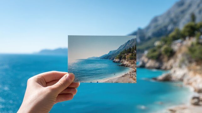 A hand holds a postcard showing a bright beach scene. The clear blue sea meets a rocky coast while distant mountains complete the picturesque view on a sunny day. - Powered by Adobe