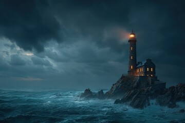Fototapeta premium Lighthouse on a rocky island during a stormy night with rough seas and dark clouds