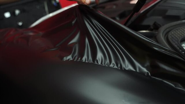Car Vinyl Wrapping with Heat Gun 4k video. Applying black vinyl wrap to car with heat gun ensures precise adhesion and flawless surface coverage. Heat gun used in vinyl wrapping activates adhesive.