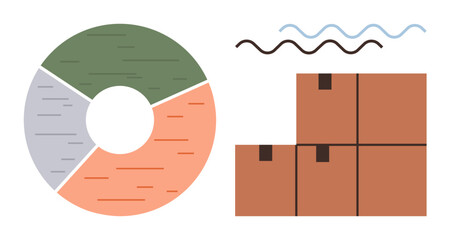 Obraz na płótnie Canvas Multicolor segmented pie chart paired with stacked brown boxes and abstract wavy lines. Ideal for logistics, data analysis, business planning, inventory, organization, process flow, and teamwork Obraz na płótnie Canvas Multicolor segmented pie chart paired with stacked brown boxes and abstract wavy lines. Ideal for logistics, data analysis, business planning, inventory, organization, process flow, and teamwork