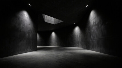 Minimal Dark Concrete Room with Dramatic Lighting and Geometric Composition