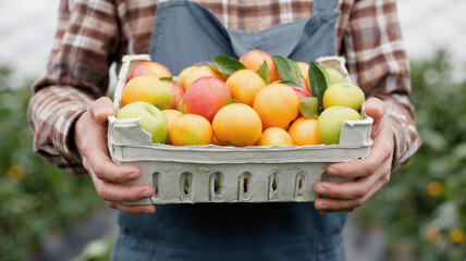 Farmer Holding Harvest Box of Fresh Organic Fruits – Sustainable Agriculture Concept
