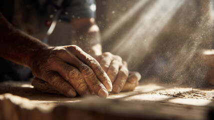 Close-Up Artisan Hands Kneading Dough in Warm Light, Craftsmanship Concept