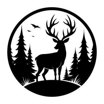 Stylized vector silhouette illustration of a wild deer with prominent antlers, perfect for a nature or Christmas design