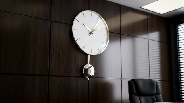 Elegant clock with pendulum on dark wood panel wall in modern office interior, time management, business, deadline