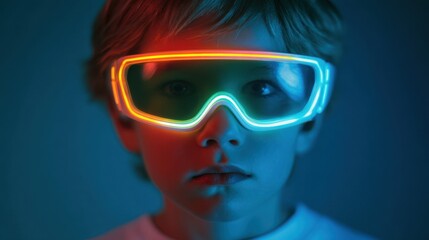 A boy with short blonde hair is wearing bright glowing glasses. The glasses emit colorful neon lights creating a striking contrast against the dark background.